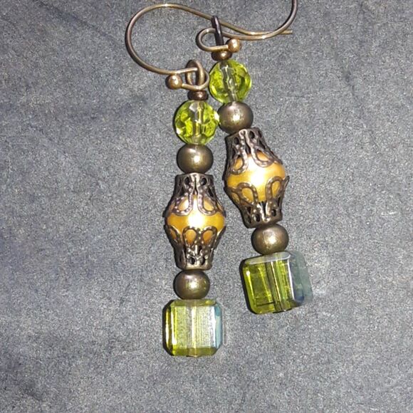 artisan earrings 466#mfs NEW boho green yellow hatpin victorian glass drop earri - Picture 5 of 5